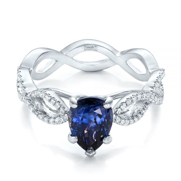 14k White Gold Custom Blue Sapphire And Diamond Engagement Ring - Flat View -  102309