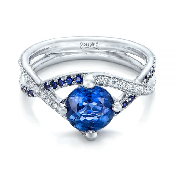 14k White Gold Custom Blue Sapphire And Diamond Engagement Ring - Flat View -  102312