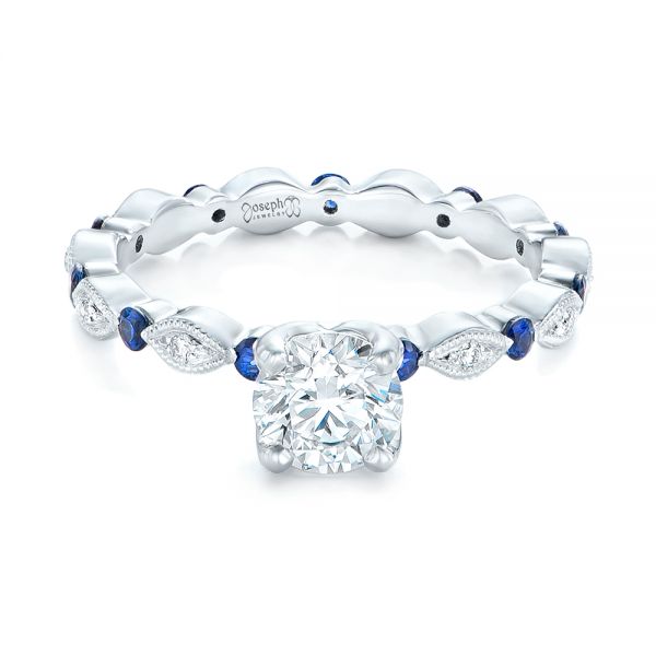 14k White Gold Custom Blue Sapphire And Diamond Engagement Ring - Flat View - 102520
