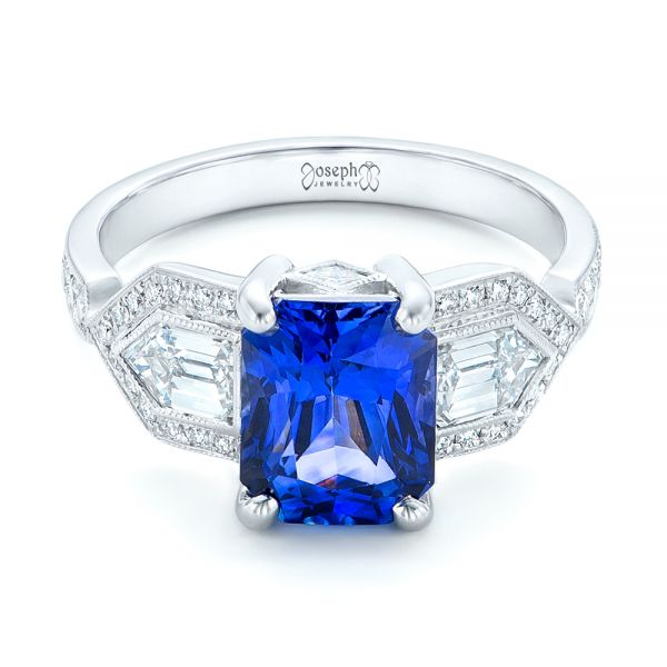 18k White Gold Custom Blue Sapphire And Diamond Engagement Ring - Flat View - 102783