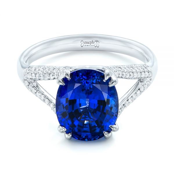 14k White Gold Custom Blue Sapphire And Diamond Engagement Ring - Flat View -  102790