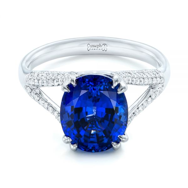 14k White Gold Custom Blue Sapphire And Diamond Engagement Ring - Flat View - 102790