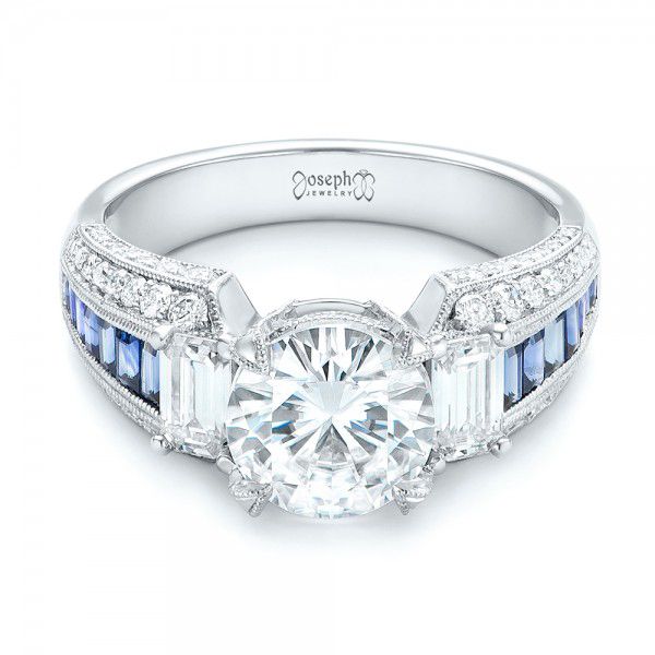  Platinum Platinum Custom Blue Sapphire And Diamond Engagement Ring - Flat View -  102888