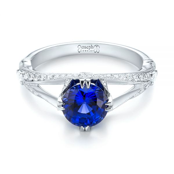  Platinum Custom Blue Sapphire And Diamond Engagement Ring - Flat View -  103411