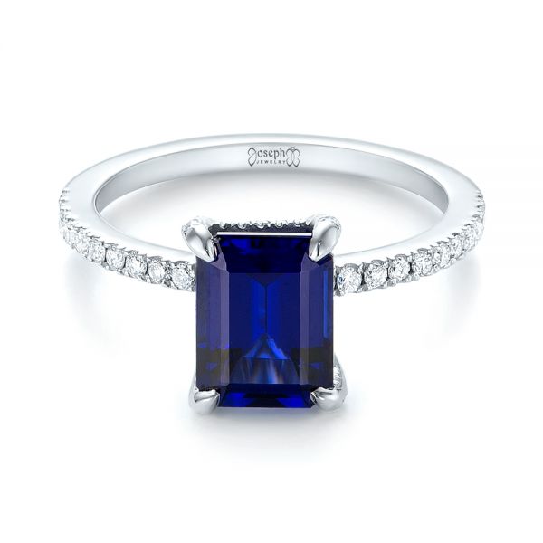 14k White Gold Custom Blue Sapphire And Diamond Engagement Ring - Flat View -  103509