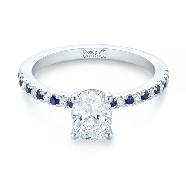 14k White Gold Custom Blue Sapphire And Diamond Engagement Ring - Flat View -  104207
