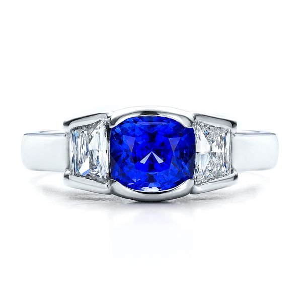  Platinum Custom Blue Sapphire And Diamond Engagement Ring - Top View -  100034