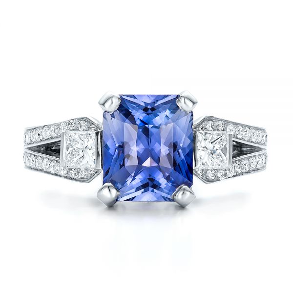  Platinum Custom Blue Sapphire And Diamond Engagement Ring - Top View -  100703