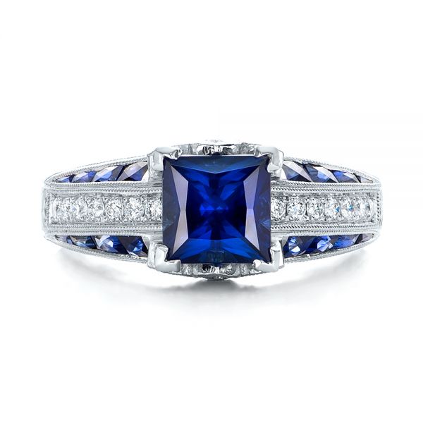 Custom Blue Sapphire And Diamond Engagement Ring - Top View -  102163