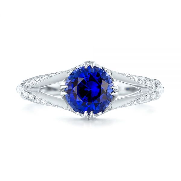  Platinum Custom Blue Sapphire And Diamond Engagement Ring - Top View -  103411
