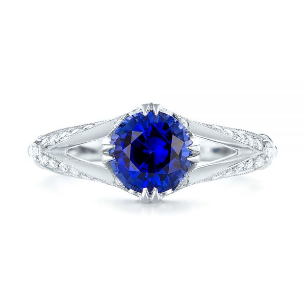 Platinum Custom Blue Sapphire And Diamond Engagement Ring - Top View - 103411