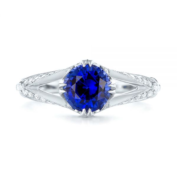 18k White Gold 18k White Gold Custom Blue Sapphire And Diamond Engagement Ring - Top View -  103411