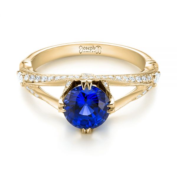 18k Yellow Gold 18k Yellow Gold Custom Blue Sapphire And Diamond Engagement Ring - Flat View -  103411