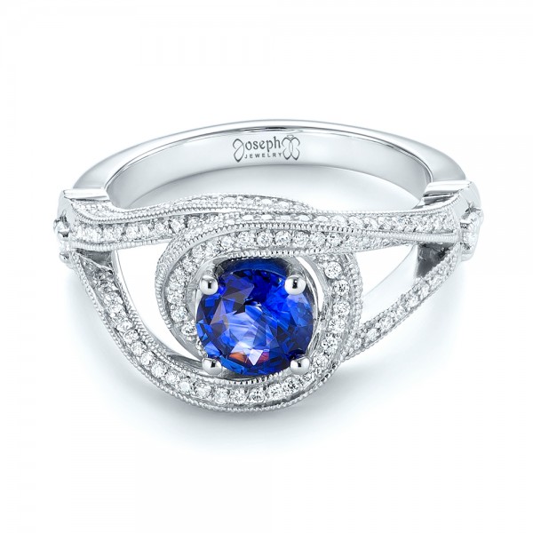 18k White Gold 18k White Gold Custom Blue Sapphire And Diamond Engagement Ring - Flat View -  103611