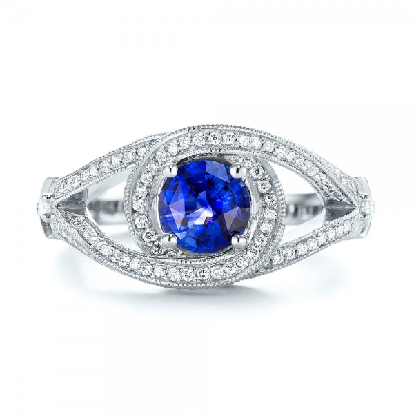 18k White Gold 18k White Gold Custom Blue Sapphire And Diamond Engagement Ring - Top View -  103611