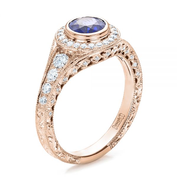 14k Rose Gold 14k Rose Gold Custom Blue Sapphire And Diamond Halo Engagement Ring - Three-Quarter View -  100268