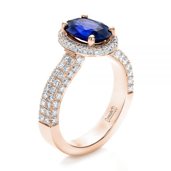 18k Rose Gold 18k Rose Gold Custom Blue Sapphire And Diamond Halo Engagement Ring - Three-Quarter View -  100605