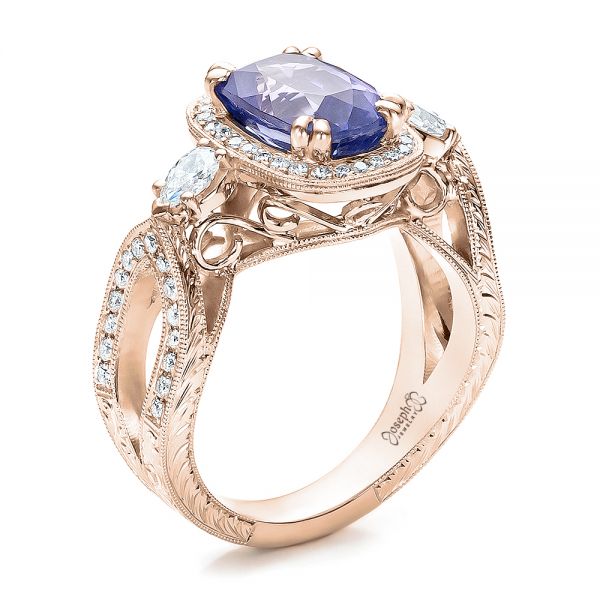 18k Rose Gold 18k Rose Gold Custom Blue Sapphire And Diamond Halo Engagement Ring - Three-Quarter View -  100783