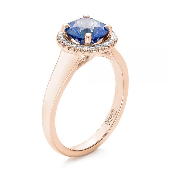 18k Rose Gold 18k Rose Gold Custom Blue Sapphire And Diamond Halo Engagement Ring - Three-Quarter View -  102028