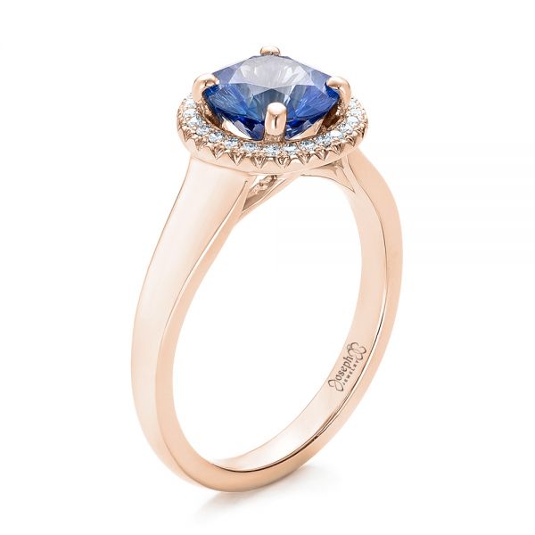 14k Rose Gold 14k Rose Gold Custom Blue Sapphire And Diamond Halo Engagement Ring - Three-Quarter View - 102028