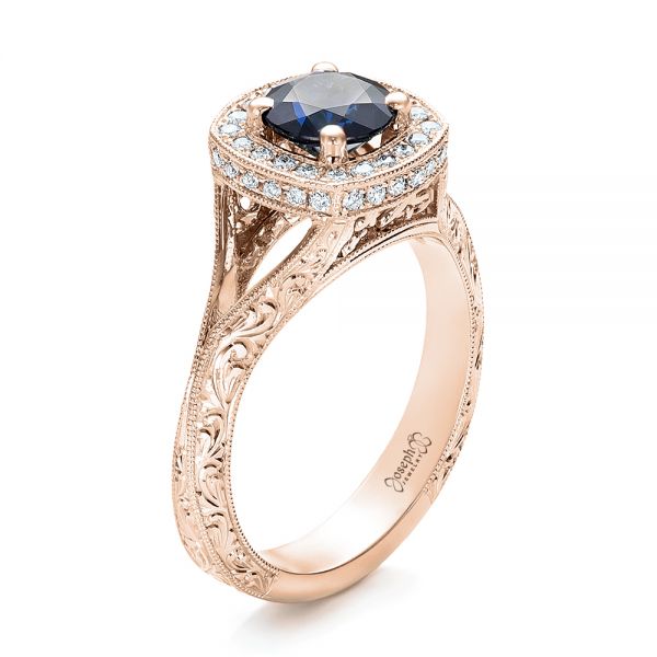 18k Rose Gold 18k Rose Gold Custom Blue Sapphire And Diamond Halo Engagement Ring - Three-Quarter View -  102153