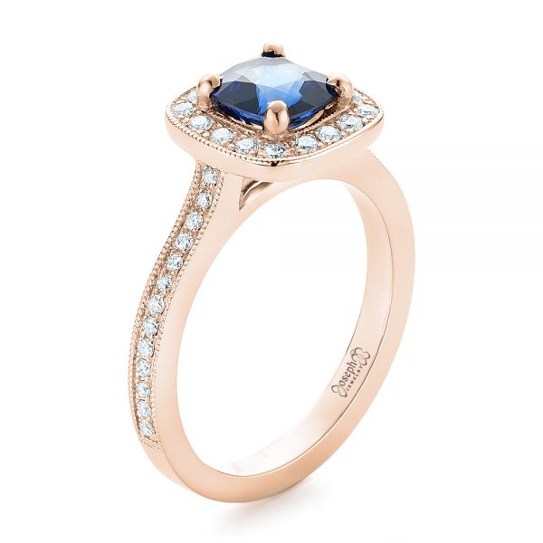 18k Rose Gold 18k Rose Gold Custom Blue Sapphire And Diamond Halo Engagement Ring - Three-Quarter View -  102311