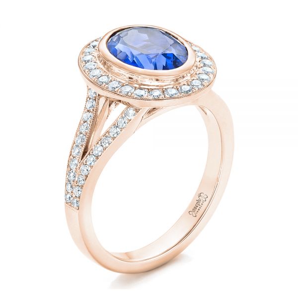 18k Rose Gold 18k Rose Gold Custom Blue Sapphire And Diamond Halo Engagement Ring - Three-Quarter View -  102444