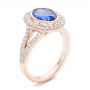 14k Rose Gold 14k Rose Gold Custom Blue Sapphire And Diamond Halo Engagement Ring - Three-Quarter View -  102444 - Thumbnail