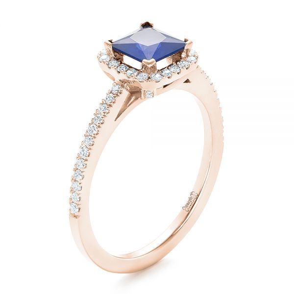 14k Rose Gold 14k Rose Gold Custom Blue Sapphire And Diamond Halo Engagement Ring - Three-Quarter View -  102485