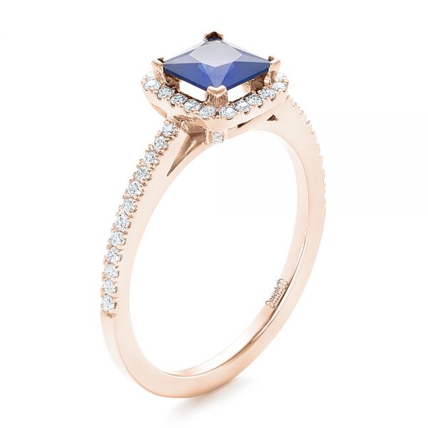 18k Rose Gold 18k Rose Gold Custom Blue Sapphire And Diamond Halo Engagement Ring - Three-Quarter View - 102485