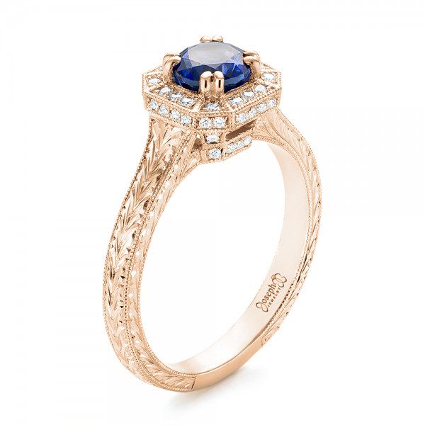 14k Rose Gold 14k Rose Gold Custom Blue Sapphire And Diamond Halo Engagement Ring - Three-Quarter View -  103006