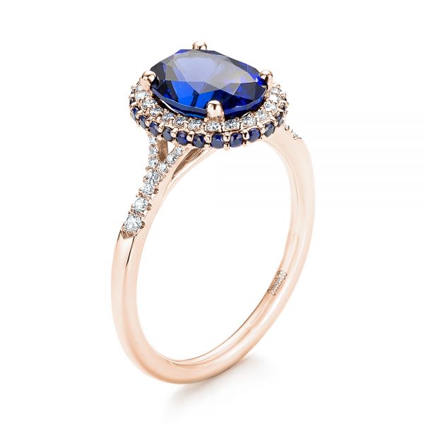14k Rose Gold 14k Rose Gold Custom Blue Sapphire And Diamond Halo Engagement Ring - Three-Quarter View -  103041