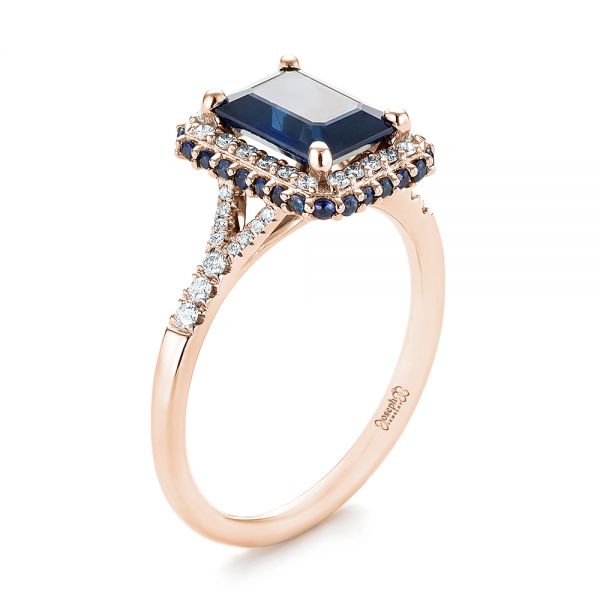 14k Rose Gold 14k Rose Gold Custom Blue Sapphire And Diamond Halo Engagement Ring - Three-Quarter View - 103457
