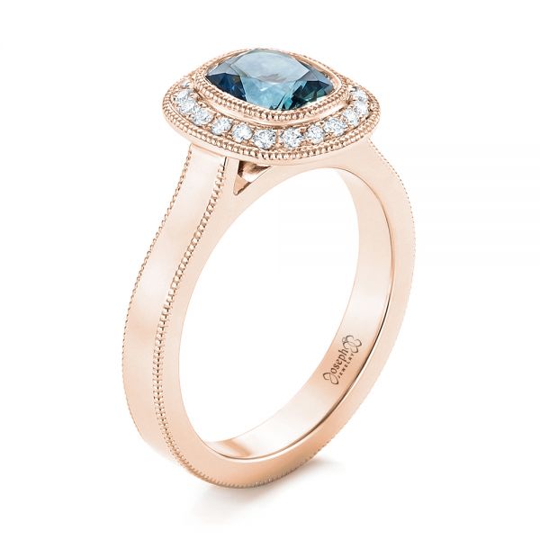 18k Rose Gold 18k Rose Gold Custom Blue Sapphire And Diamond Halo Engagement Ring - Three-Quarter View -  103467