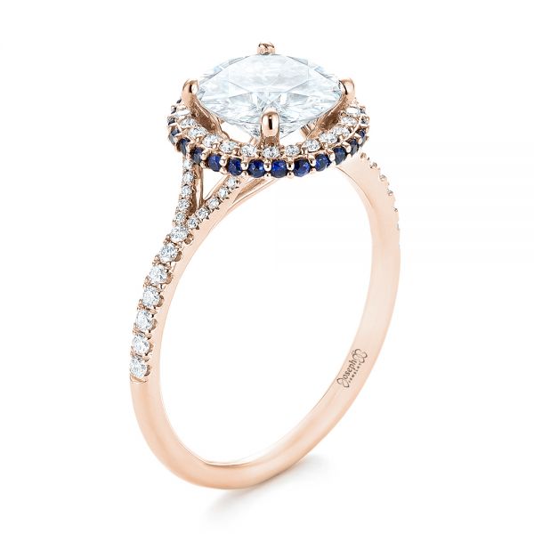 14k Rose Gold 14k Rose Gold Custom Blue Sapphire And Diamond Halo Engagement Ring - Three-Quarter View - 103474