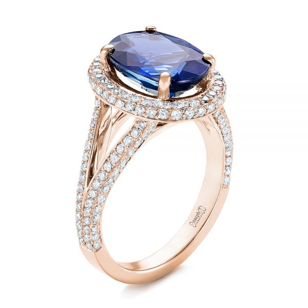 14k Rose Gold 14k Rose Gold Custom Blue Sapphire And Diamond Halo Engagement Ring - Three-Quarter View -  103601