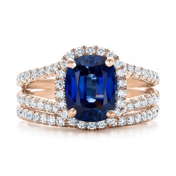14k Rose Gold 14k Rose Gold Custom Blue Sapphire And Diamond Halo Engagement Ring - Three-Quarter View -  102018