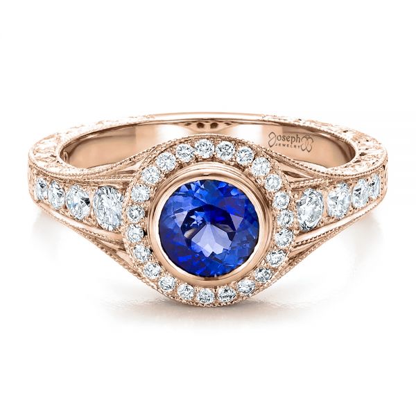 14k Rose Gold 14k Rose Gold Custom Blue Sapphire And Diamond Halo Engagement Ring - Flat View - 100268