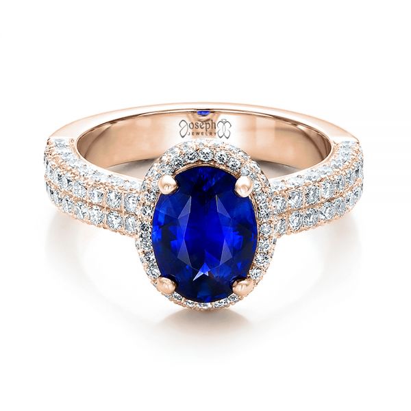 18k Rose Gold 18k Rose Gold Custom Blue Sapphire And Diamond Halo Engagement Ring - Flat View -  100605