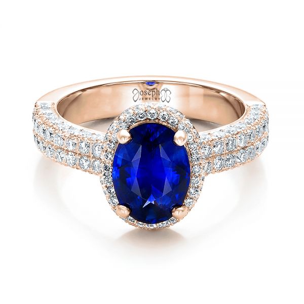 18k Rose Gold 18k Rose Gold Custom Blue Sapphire And Diamond Halo Engagement Ring - Flat View - 100605