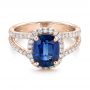 14k Rose Gold 14k Rose Gold Custom Blue Sapphire And Diamond Halo Engagement Ring - Flat View -  102018 - Thumbnail