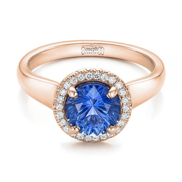 18k Rose Gold 18k Rose Gold Custom Blue Sapphire And Diamond Halo Engagement Ring - Flat View -  102028