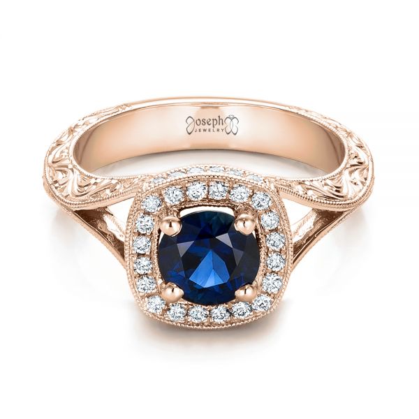 18k Rose Gold 18k Rose Gold Custom Blue Sapphire And Diamond Halo Engagement Ring - Flat View -  102153