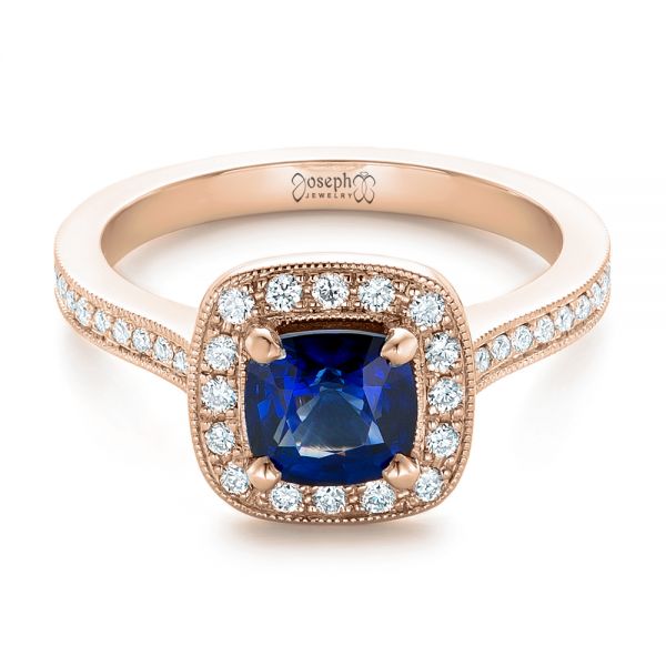 14k Rose Gold 14k Rose Gold Custom Blue Sapphire And Diamond Halo Engagement Ring - Flat View -  102311
