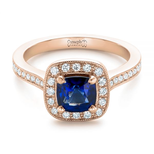 18k Rose Gold 18k Rose Gold Custom Blue Sapphire And Diamond Halo Engagement Ring - Flat View - 102311