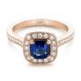 14k Rose Gold 14k Rose Gold Custom Blue Sapphire And Diamond Halo Engagement Ring - Flat View -  102311 - Thumbnail