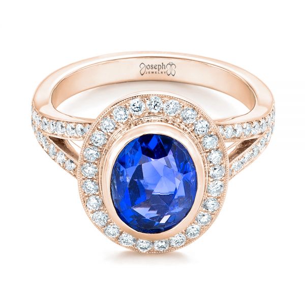 18k Rose Gold 18k Rose Gold Custom Blue Sapphire And Diamond Halo Engagement Ring - Flat View -  102444