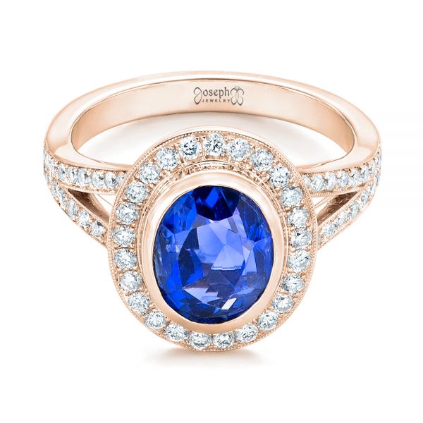 18k Rose Gold 18k Rose Gold Custom Blue Sapphire And Diamond Halo Engagement Ring - Flat View - 102444