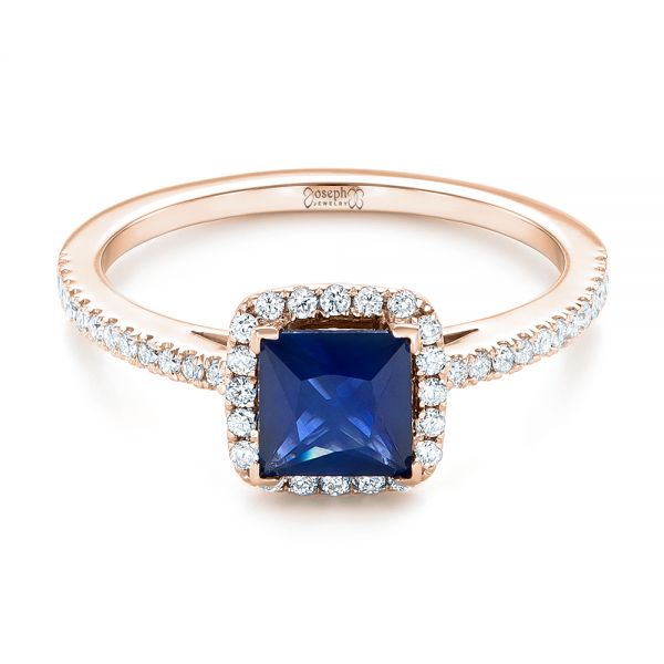 18k Rose Gold 18k Rose Gold Custom Blue Sapphire And Diamond Halo Engagement Ring - Flat View - 102485