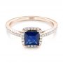 18k Rose Gold 18k Rose Gold Custom Blue Sapphire And Diamond Halo Engagement Ring - Flat View -  102485 - Thumbnail